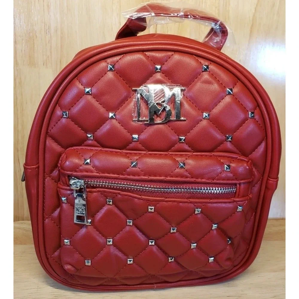 Badgley Mischka Red Quilted Studded Vegan Leather Mini Backpack NWT